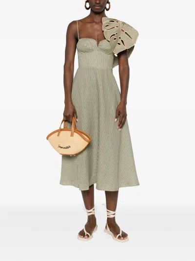 Farm Rio Green Striped 3d Monstera Leaf Euroflax Premium Linen Midi Dress In Neutral