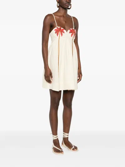 Farm Rio Off-white Coconut Tree Embroidered Euroflax Premium Linen Mini Dress