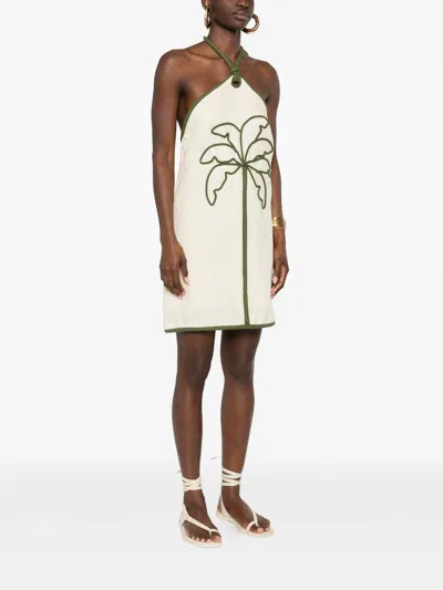Farm Rio Sand Coconut Embroidery Halter Neck Euroflax Premium Linen Mini Dress In White