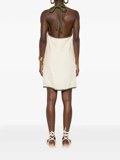 Farm Rio Sand Coconut Embroidery Halter Neck Euroflax Premium Linen Mini Dress In White