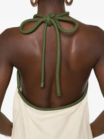 Farm Rio Sand Coconut Embroidery Halter Neck Euroflax Premium Linen Mini Dress In White