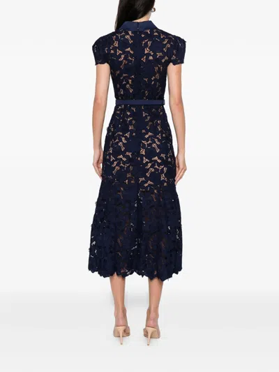 Self-portrait Guipure Blue Long Dress With Lace Design And Adjustable Waist Belt In Fabric Woman