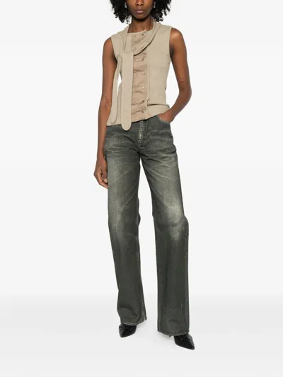 Lemaire Tie-neck Ribbed Stretch-cotton And Linen-blend Jersey Top In White