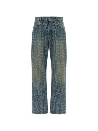 Balmain Monogram Denim Trousers All Over Pattern In Blue