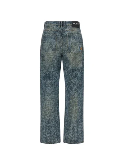 Balmain Monogram Denim Trousers All Over Pattern In Blue