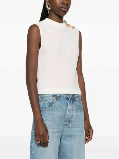 Balmain Knit Top Button Detail Sleeveless Round Neck In White