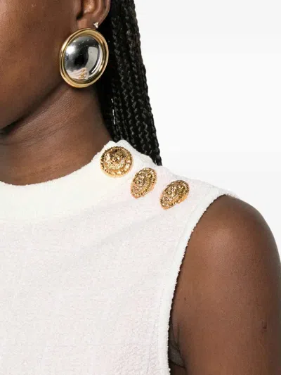Balmain Knit Top Button Detail Sleeveless Round Neck In White