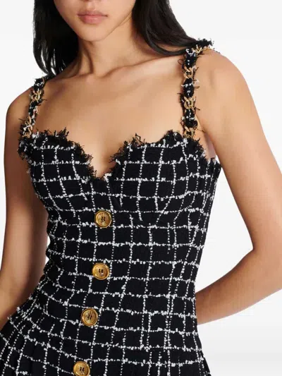 Balmain Buttoned Check Tweed Chain-strap Mini Dress In Black