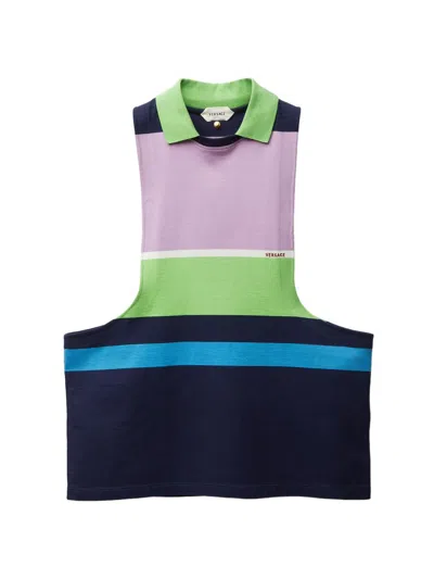 Versace Sleeveless Embroidered Striped Cotton T-shirt In Multi