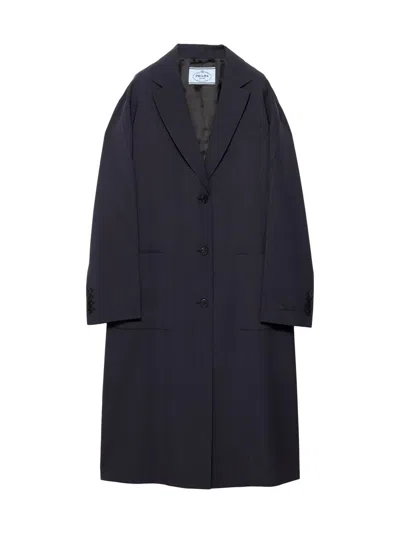 Prada Single-breasted Light Wool Coat In Blue