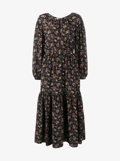 Shop Saint Laurent Floral Print Peasant Dress In Black
