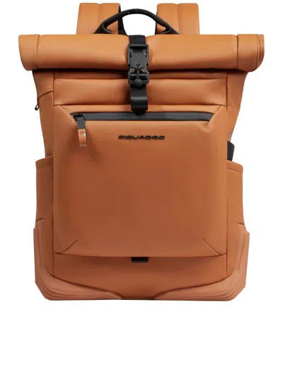 Piquadro Roll Top Fabric Backpack Adjustable Straps In Brown