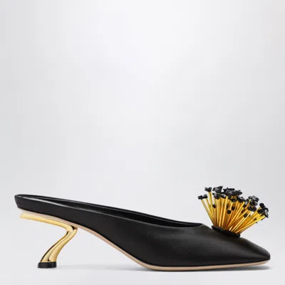 Ferragamo Black Sandals With Low Heel And Crystal Embellishment On The Front In Fabric Woman