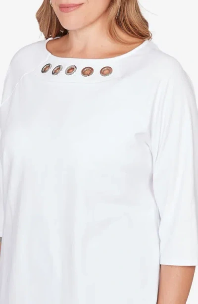 Ruby Rd. Plus Size Grommet Neck Solid Knit Top In White