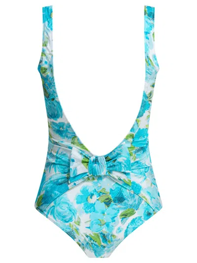 Chloé White And Blue Aqua Flower-print Lycra One-piece Swimsuit In Blue