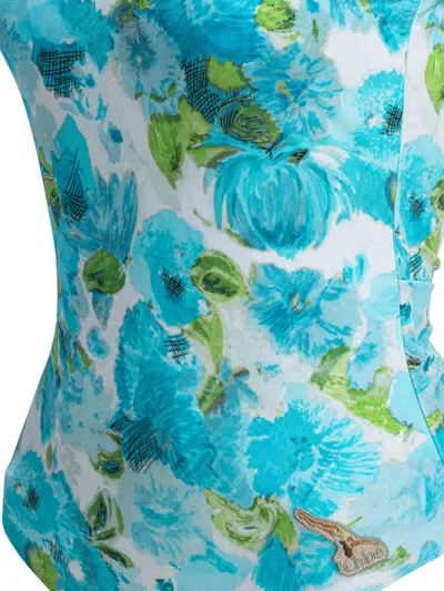 Chloé White And Blue Aqua Flower-print Lycra One-piece Swimsuit In Blue