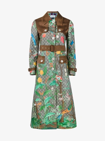 Shop Gucci Ladies Green Canvas Tian Print 'gg Supreme' Coat, Size: 42 In Brown / Multicolour