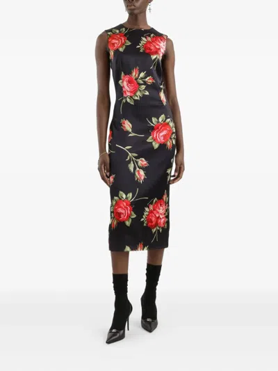 Dolce & Gabbana Women Black Dress With All-over Floral Print In Silk Woman In Multi