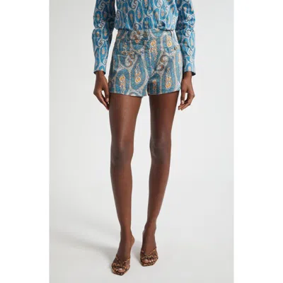 Etro Paisley Denim Shorts Belt Loops Pockets In Blue