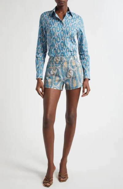 Etro Paisley Denim Shorts Belt Loops Pockets In Blue