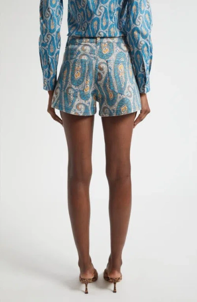 Etro Paisley Denim Shorts Belt Loops Pockets In Blue