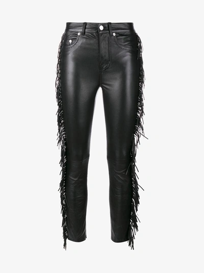 Shop Saint Laurent Fringed Leather Trousers In Black