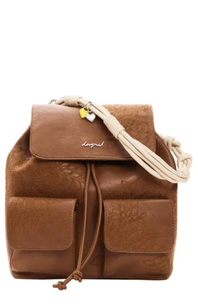 Desigual Mini Floral Embroidered Convertible Backpack In Brown
