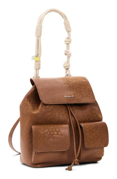 Desigual Mini Floral Embroidered Convertible Backpack In Brown