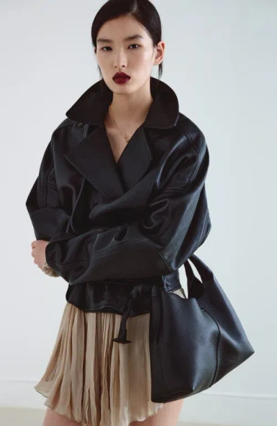 Mango Leather Shoulder Bag In Black