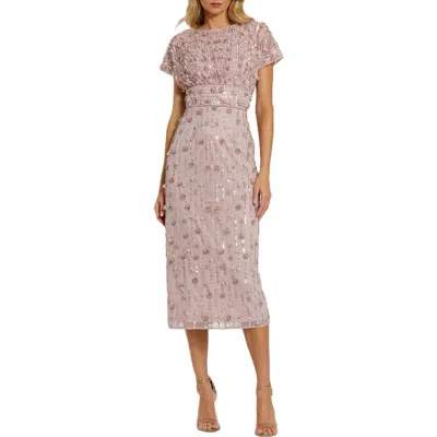 Mac Duggal Cap Sleeve Column Midi Dress With Floral Beading In Vintage Lilac