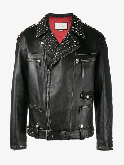 Shop Gucci Mens Black Calf Leather King Charles Spaniel Biker Jacket, Size: 46