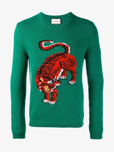 Gucci Crewneck Sweater W/tiger Intarsia, Green | ModeSens