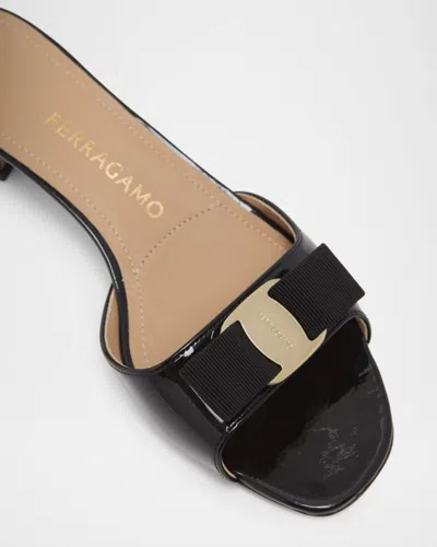 Ferragamo Vanilla Patent Leather Bow Mules In Brown