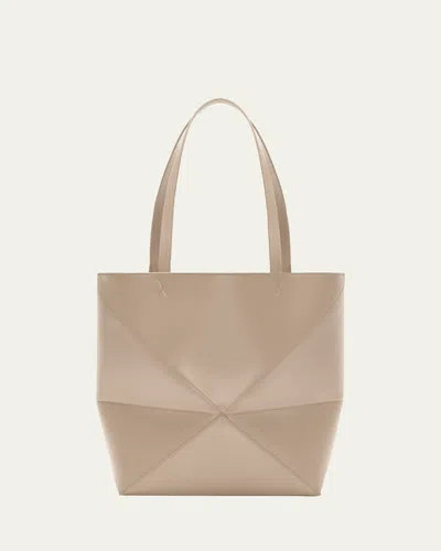 Loewe Medium Puzzle Fold Tote In Shiny Leather Skin For Woman In Sand