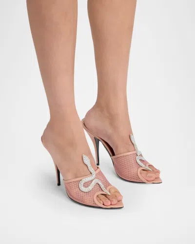 Valentino Garavani 105mm Embellished Snake Leather Mesh Mule Pumps In Pink