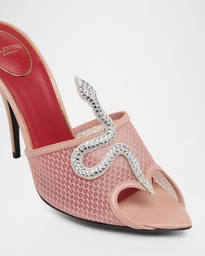 Valentino Garavani 105mm Embellished Snake Leather Mesh Mule Pumps In Pink