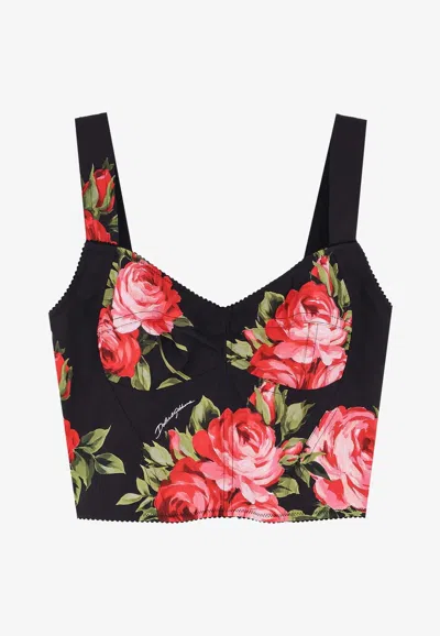 Dolce & Gabbana Top Nero In Seta Con Stampa Floreale Dolce E Gabbana In Multi