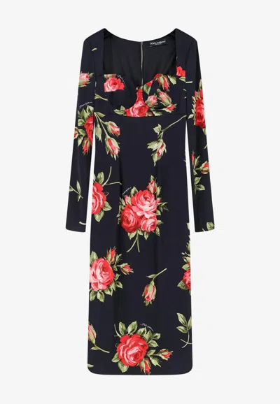 Dolce & Gabbana Rose-print Satin Long-sleeve Midi Dress In Black