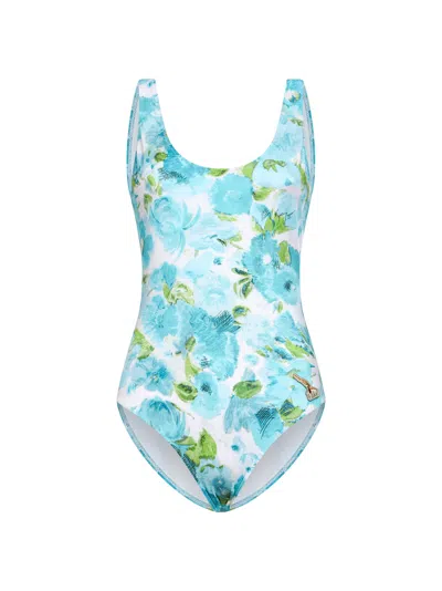 Chloé White And Blue Aqua Flower-print Lycra One-piece Swimsuit In Blue