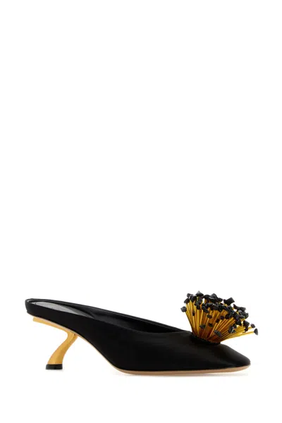 Ferragamo Black Sandals With Low Heel And Crystal Embellishment On The Front In Fabric Woman