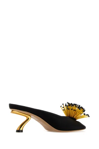 Ferragamo Black Sandals With Low Heel And Crystal Embellishment On The Front In Fabric Woman