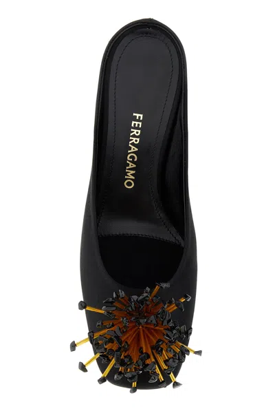 Ferragamo Black Sandals With Low Heel And Crystal Embellishment On The Front In Fabric Woman