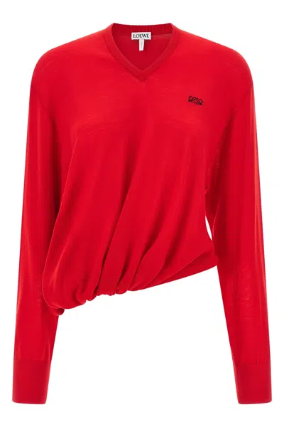 Loewe Asymmetric Draped Embroidered Wool-blend Sweater In Red