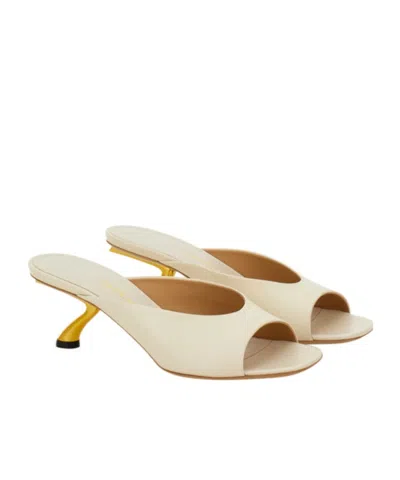 Ferragamo Ivory Leather Igea Mules In Metallic
