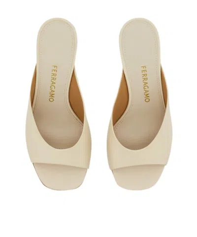 Ferragamo Ivory Leather Igea Mules In Metallic