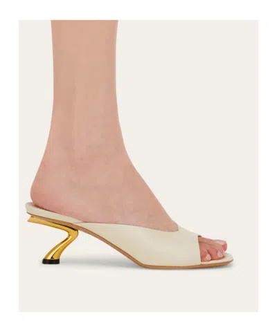 Ferragamo Ivory Leather Igea Mules In Metallic