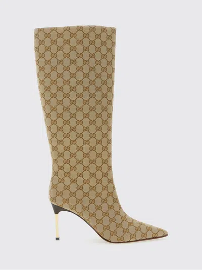 Gucci Knee Length Stiletto Heel Pointed Toe Boots In Brown