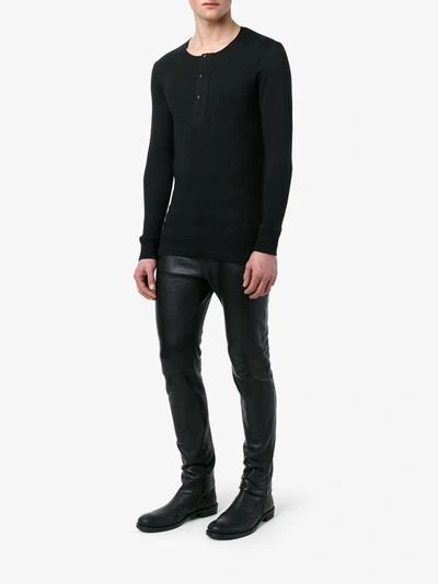 Shop Merz B Schwanen Merz B. Schwanen Long-sleeved 'henley' Cotton T-shirt In Black