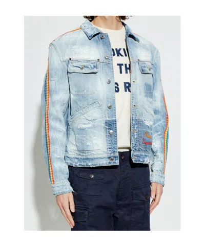 Dsquared2 Distressed Embroidered Denim Jacket In Blue