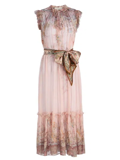 Zimmermann Alchemy Belted Paisley-print Chiffon Midi Dress In Pink